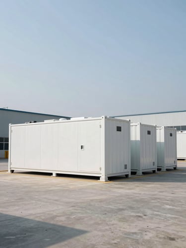 Wide environmental shot, a row of large white battery energy storage system containers installed in an open industrial plant yard, Gulf daylight overhead, concrete ground visible in foreground, industrial structures in background, no people