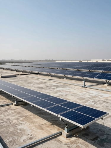 Wide environmental shot looking across a flat industrial rooftop in the Gulf, rows of solar panels extending to the horizon under harsh midday sun, steel mounting rails visible in sharp foreground detail, hazy sky above