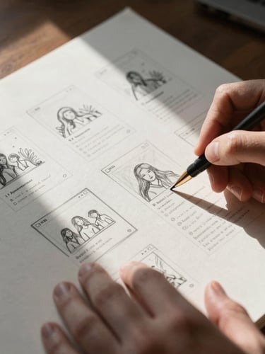 A close-up of hands sketching social media storyboards on thick parchment paper, soft directional Scandinavian daylight casting deep natural shadows.