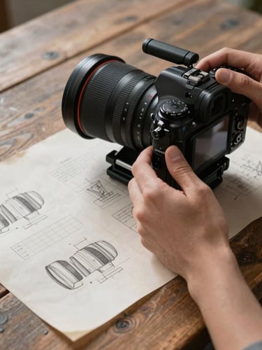 Hands adjusting a professional camera rig over a rustic wooden table, storyboards on textured parchment paper, soft directional Scandinavian daylight, deep natural shadows.