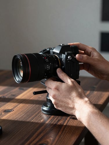 A close-up vertical shot of hands adjusting a high-end camera rig over a dark wooden table, soft Scandinavian morning light casting deep natural shadows.