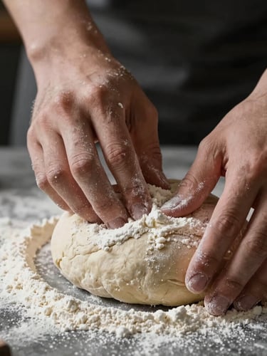 Tight macro shot of hands dusting flour over freshly proofed bread dough, soft natural side lighting, dark moody shadows, Scandinavian kitchen setting