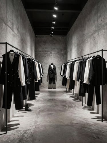 Dynamic low-angle shot of a modern minimalist fashion showroom in Merter, concrete walls, high-contrast studio lighting casting dramatic industrial shadows on racks of contemporary women's apparel.