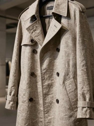 Close-up portrait of a structured linen trench coat hanging in a modern concrete showroom, sharp focus on clean stitching and premium fabric texture, industrial warm lighting, editorial framing.