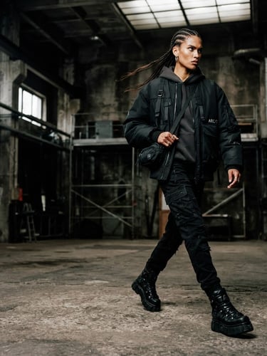 Dynamic low-angle editorial shot of a fashion model in modern streetwear, high-contrast studio lighting with dramatic industrial shadows, concrete background, sharp focus, 35mm lens