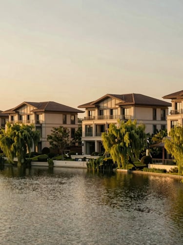 Warm editorial photography of a serene private lake inside a luxury gated community, surrounded by weeping willows and modern architecture, golden hour light