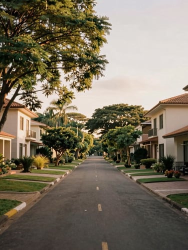Warm editorial photograph of a quiet, tree-lined street inside an exclusive gated community in Valinhos, warm morning light, architectural scale, 35mm lens