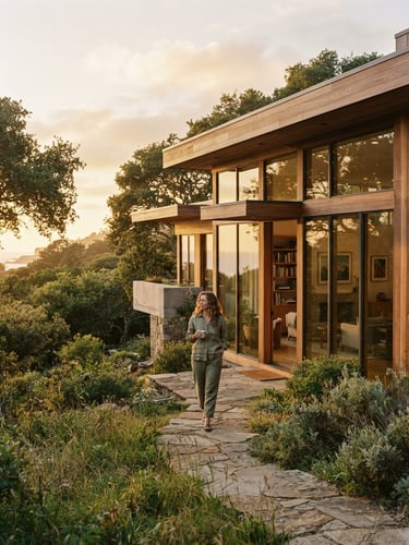 Warm editorial portrait photography of a modern architectural home integrated with nature, soft golden-hour light, 35mm lens.