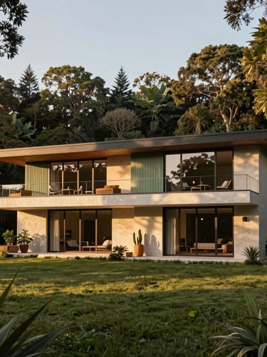 Warm editorial photograph of a modern luxury house integrated with nature, golden-hour natural light, rich sage and forest tones, architectural scale, 35mm lens