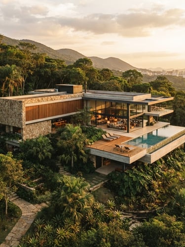 Warm editorial photography of a modern luxury house integrated into a lush green hillside in Jundiaí, golden-hour light, architectural scale, 35mm lens