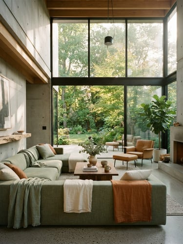 A bright sunlit modern living room with high ceilings, concrete and warm wood textures, large glass windows showing a lush green garden with tall trees, soft morning light, architectural scale, 35mm lens