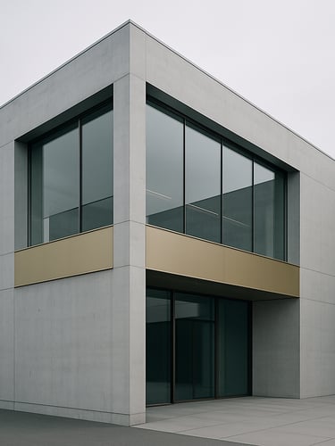 Minimalist Swiss architecture, sharp concrete and glass facade, soft overcast daylight, clean lines, professional wealth management atmosphere