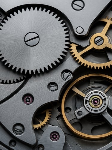 Detail of a premium Swiss watch movement, micro photography, brushed steel gears, gold accents, soft overcast studio light