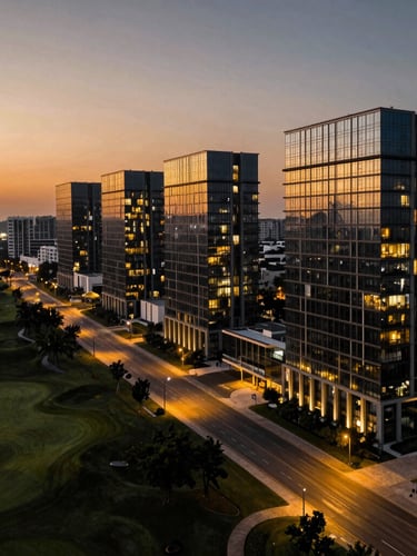 Wide panoramic aerial view of Golf Course Extension Road at dusk, high-contrast architectural lighting on luxury glass facades, deep black shadows and warm gold reflections from streetlights, sharp 35mm lens.
