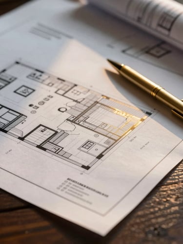 Tight macro shot of architectural blueprints and legal land documents on a dark wooden table, warm side lighting highlighting the paper texture and gold pen.