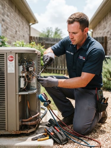 Professional technician in a clean uniform working on an outdoor AC condenser unit, hands-on technical work, bright natural Texas daylight, sharp focus, 35mm.