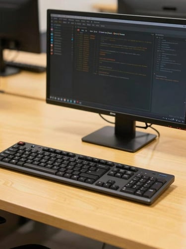 A clean commercial photograph of a modern developer workstation in Chennai, bright natural daylight, high-contrast warm tones with yellow accents, sharp focus