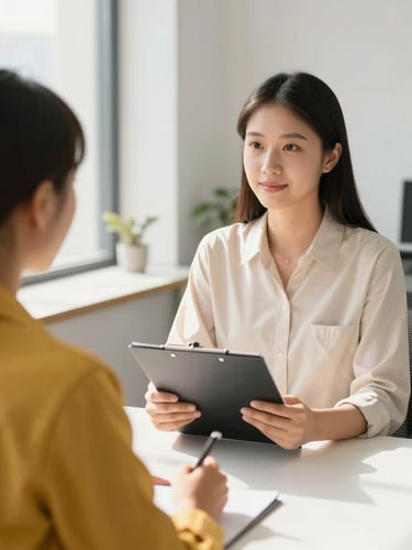 A professional recruiter conducting an interview in a bright, modern office with natural daylight, clipboard in hand, clean minimalist setting, sharp focus, 35mm lens