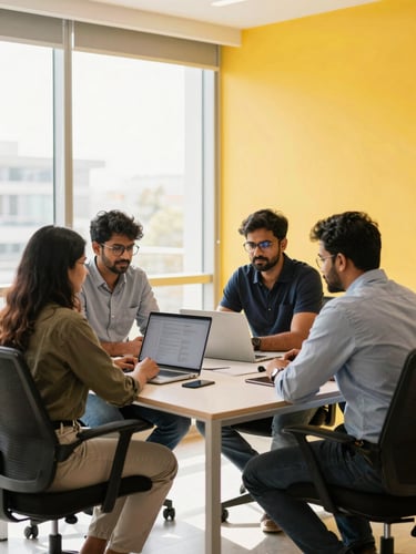 Clean commercial photography of a modern Chennai workspace, bright natural daylight, developers collaborating at a sleek table, high-contrast warm tones with yellow accents, sharp focus, 35mm lens