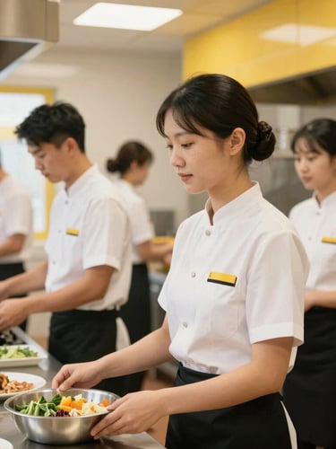 Bright daylight medium shot of active hospitality staff in clean uniforms working in a modern professional kitchen, warm yellow accents, sharp focus, 35mm lens