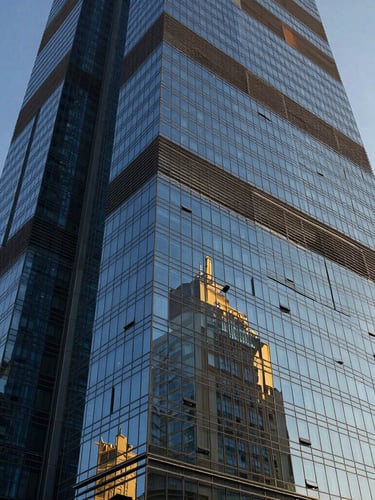 Low-angle architectural perspective of a modern glass skyscraper facade in Abu Dhabi, crisp morning light, deep blue and gold tones, 35mm.