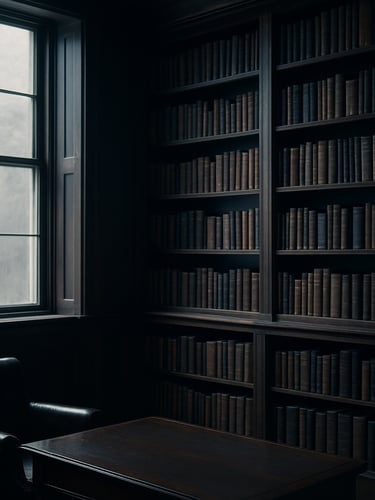 Quiet classic library interior with dark wood shelves, leather-bound books, soft overcast daylight through a tall window, timeless editorial photography.