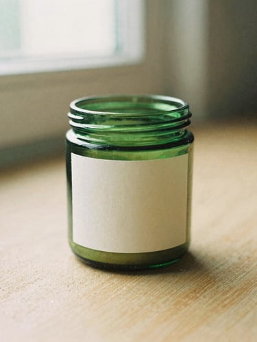 A minimalist green glass jar with a clean cream label, resting on a warm sand-textured surface under soft window light, shallow depth of field, 35mm film aesthetic.