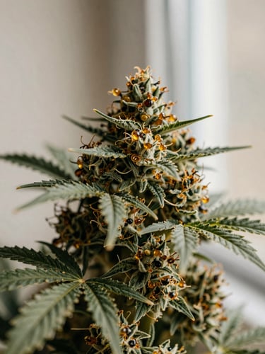 Macro photograph of clean, intact cannabis flower showing rich amber trichomes, soft natural window light, muted sage and sand tones