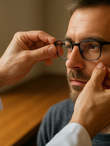Close portrait frame of an optometrist's hands carefully adjusting eyeglass frames on a patient, soft north-facing daylight from a side window, warm amber tones on the wooden consultation table, shallow depth of field isolating the precise adjustment
