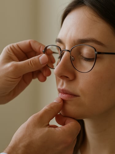 Portrait-oriented close-up of an optometrist's hands carefully adjusting the nose pads of a frame on a patient, soft north-facing daylight from a nearby window, shallow depth of field with the frame in sharp focus and a cream-colored exam room wall behind