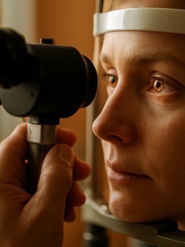 Intimate close-up portrait frame, optometrist's hands positioning a slit-lamp instrument toward a patient's open eye, soft north-facing daylight from the left, warm amber tones in the consultation room, shallow depth of field with the eye in sharp focus and the instrument blurred in the foreground