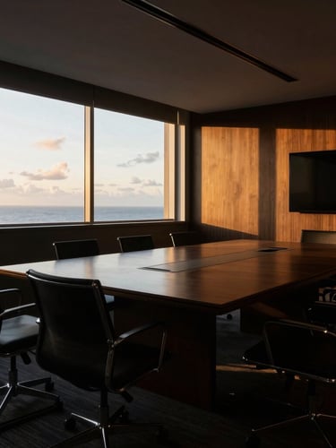 Wide environmental shot of a modern corporate boardroom in Salvador, dramatic golden hour sunlight streaming through large windows, high-contrast editorial photography, 35mm