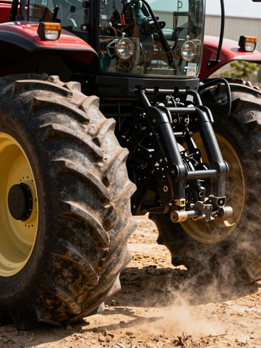 Sharp close-up of premium agricultural machinery working under high-contrast natural sunlight, dust particles in the warm air, 35mm