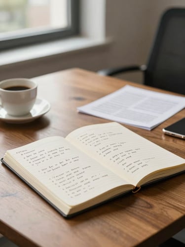 Wide environmental shot of a calm consulting office, a notebook open on a wooden table with handwritten strategy notes, a warm north-facing window in the background, a coffee cup and printed report nearby, no people visible