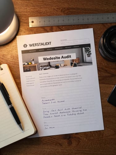 Close overhead flat-lay of a website audit in progress — printed page with handwritten margin notes, a ruler, and a small notebook with a pen resting on it, lit by warm tungsten light from the left, on a wooden desk surface