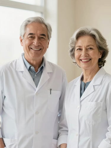 Professional portrait of two senior dentists, a man and a woman in clean modern clinical coats, smiling warmly and confidently, soft natural window light, beige background, medium shot