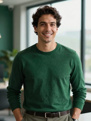 Professional portrait of Alfredo Rocha in a modern green-toned workspace, soft natural window light, crisp details, editorial lifestyle photography