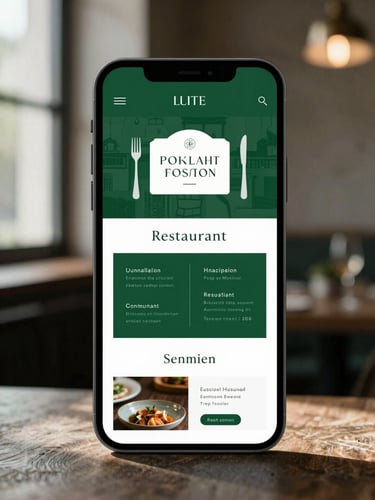 Straight-on device mockup of a luxury restaurant website on a mobile screen, deep emerald green accents, soft natural shadow, high contrast