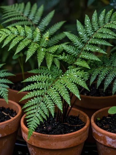 Close-up of vibrant green fern leaves and native seedlings growing in rustic terracotta pots, glistening with fresh morning dew, soft forest light