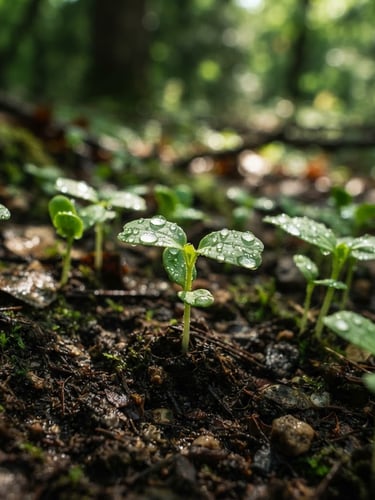 Macro shot of vibrant green seedlings in rich dark soil, water droplets on leaves, soft dappled forest sunlight filtering through leaves, shallow depth of field