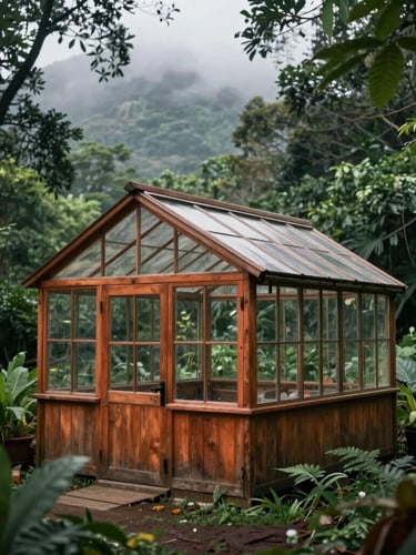 A rustic wooden greenhouse nestled in a dense green forest, soft overcast daylight, misty mountain background, moody botanical photography
