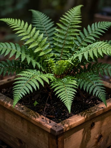 Close-up of a rustic wooden planter box filled with lush green ferns, damp soil, soft forest light