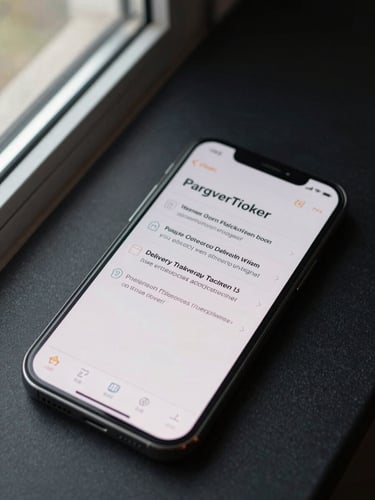Overhead close-up of a smartphone screen displaying a parcel tracking status update notification, clean daylight from a window to the left, the screen clearly showing a delivery status message with a timestamp, phone resting on a flat dark surface, no human hands visible