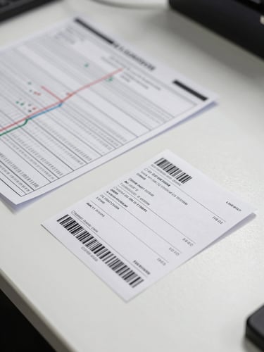 Overhead close-up of a logistics sorting desk, a pincode map printout and a shipping label with a barcode laid flat under clean studio daylight, no hands visible, crisp shadows on white surface