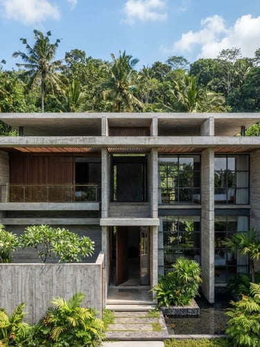 Wide-angle architectural elevation of a modern concrete building structure in Bali under bright daylight, highlighting clean lines and structural integrity
