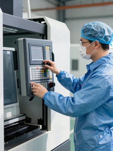 A medium-wide environmental shot of a focused manufacturing technician in clean blue PPE adjusting a CNC machine control panel, bright natural daylight, sharp focus, 35mm lens