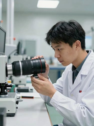 A focused quality control technician inspecting components under bright, natural daylight in a clean industrial facility, 35mm lens, sharp focus.