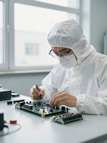 Medium-wide environmental shot of a focused electronics technician in clean room PPE assembling a circuit board under bright natural window light, sharp focus, 35mm lens.