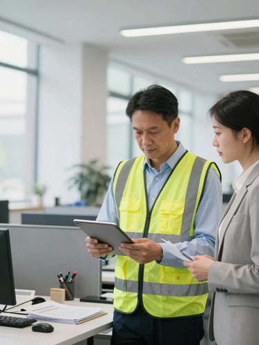 A sharp medium-wide shot of a clean, modern manufacturing office where a supervisor in a safety vest reviews compliance documents on a tablet with an HR specialist, bright daylight.