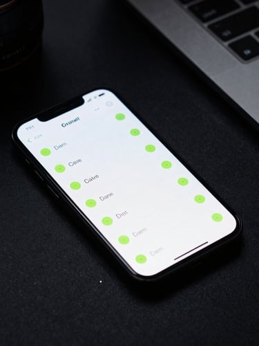 A close-up of a high-end dark desk setup, a clean smartphone interface displaying automated call logs with lime green status dots, cool moody tones, 35mm lens